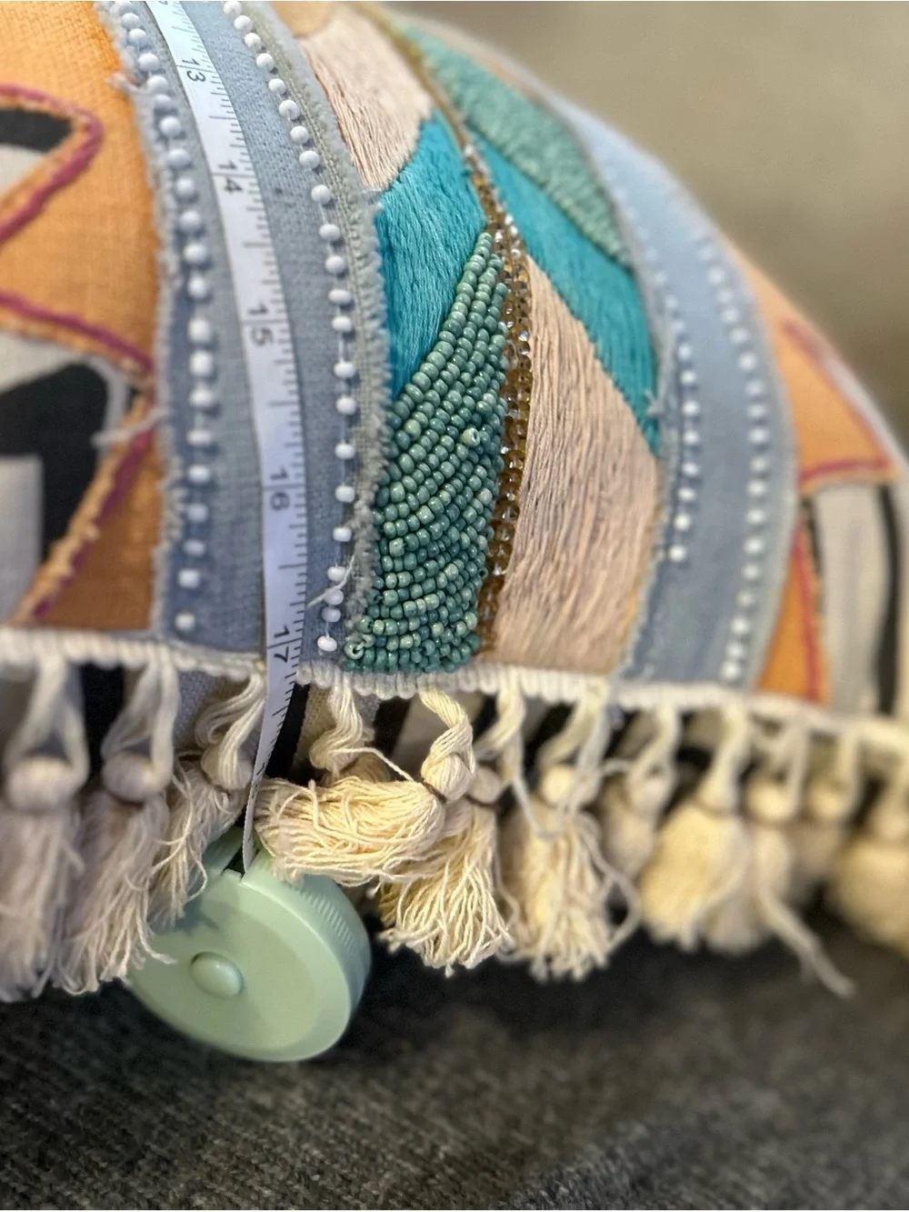 Anthropologie Hand Embroidered Boho Throw Pillow Tassel Beaded Accent Teal
